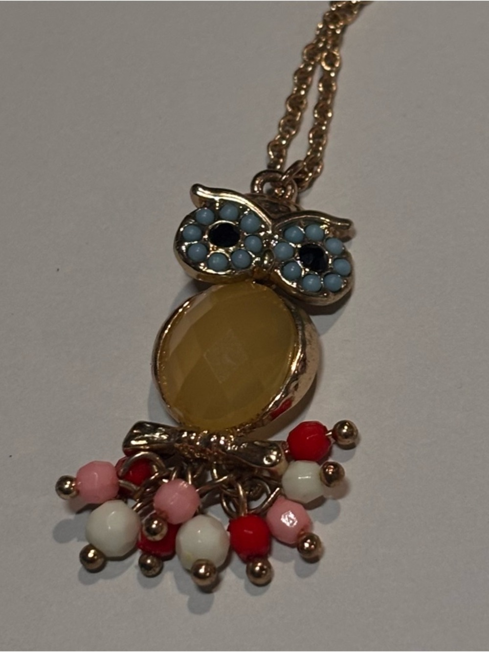 Plunder Gold-Tone Owl Necklace with Yellow, Blue, Pink, Red and White Beads